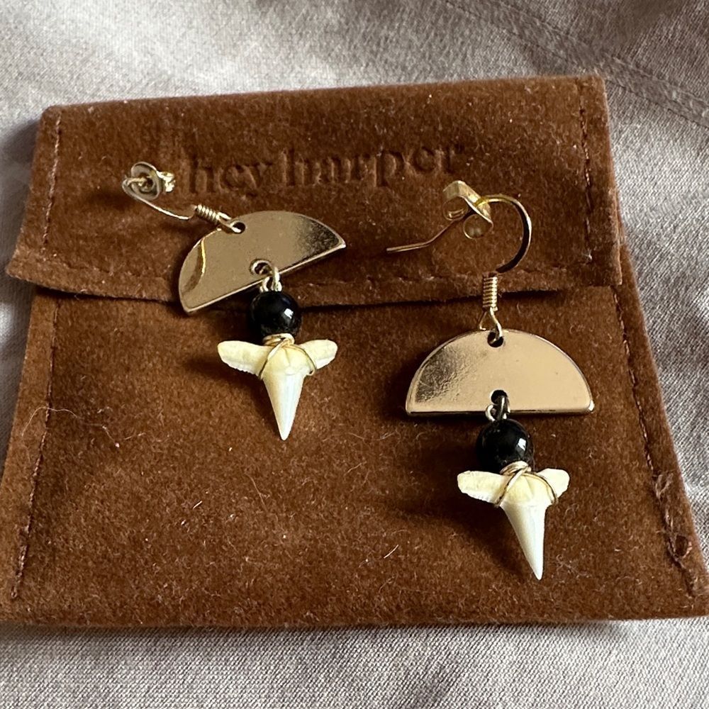 Gold Half-Moon & Black Bead Shark Tooth Drop Earrings